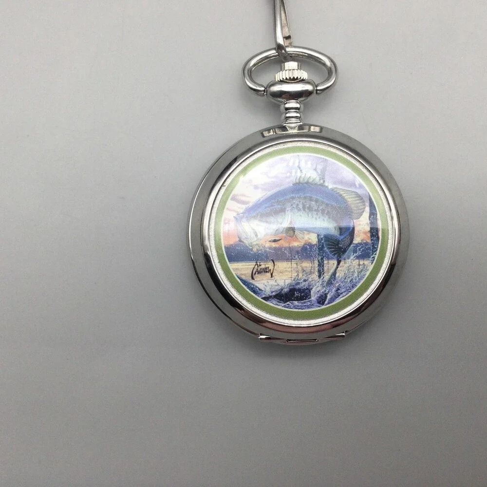 Al Agnew Bass Fish Pocket Watch Men 45mm Silver Tone Full Hunter New Battery